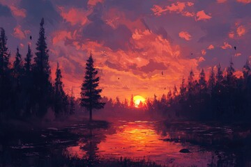 Fototapeta premium Magical sunset landscape created .