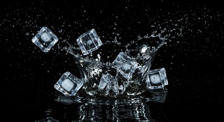 Ice Cubes Splashing in Water Dark Background - Crystal clear ice cubes splashing into water, symbolizing purity, refreshment, coolness, energy, and revitalization