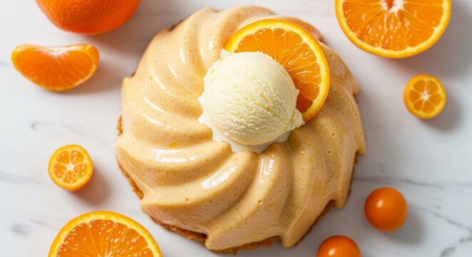 Creamy Orange Dessert with Vanilla Ice Cream - Delicious orange flavored dessert with vanilla ice cream, garnished with orange slices and kumquats. Perfect for a summer treat
