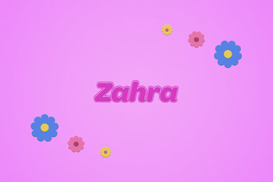 Zahra female girl name illustration in pink with blossoms, flowers