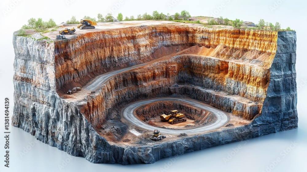 Leinwandbilder Excavators and trucks are actively working in a large open pit quarry, efficiently extracting minerals from layered rock formations while preparing for further processing.