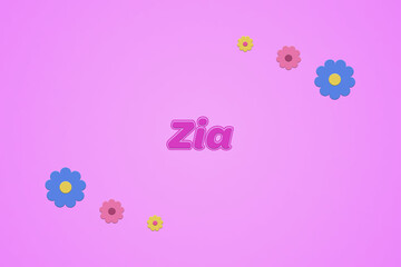Zia female girl name illustration in pink with blossoms, flowers