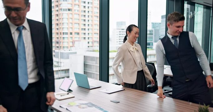 Handshake, Japanese people and meeting in office, smile and thank you to clients, respect and bow. Happy, professional and colleagues with mature man, welcome and funding for business and Japan