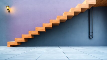 Modern wooden staircase against a purple wall with industrial pipes and tiled floor