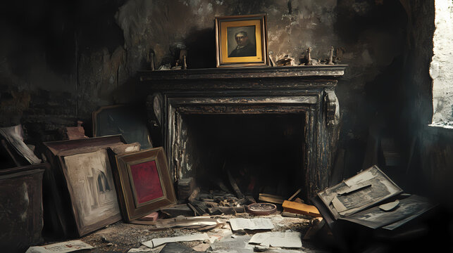 A hidden chamber behind one of the grand fireplaces, filled with artifacts and documents from centuries past. Obscured Past. Illustration