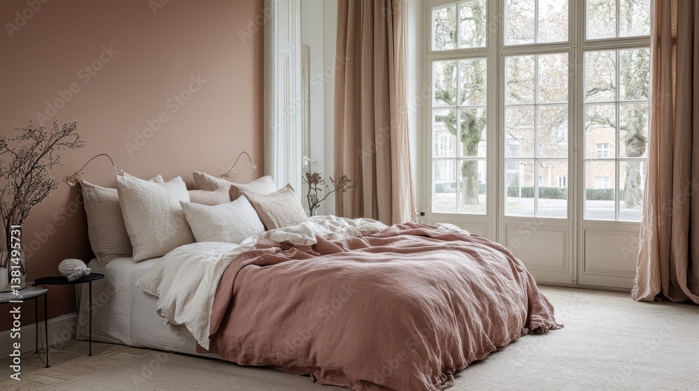 Poster nestled in a tranquil setting, this cozy bedroom showcases soft hues and natural light flooding in t