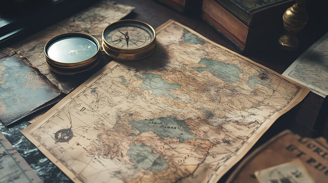 A photo realistic composite of vintage maps and historical imagery, revealing hidden stories and connections from the past, creating a sense of mystery and intrigue. Obscured Past. Illustration