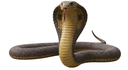 Cobra Striking Pose with Hood Open and Tongue Showing on White