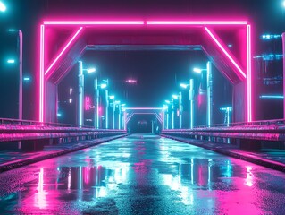 Neon Bridge in Cyberpunk: A mesmerizing futuristic bridge illuminated with vibrant neon lights, reflecting on a wet, reflective surface.  