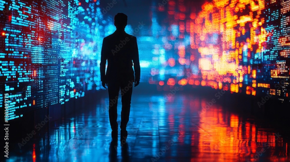 Poster Silhouette of a person walks through a corridor illuminated by colorful digital displays, creating a striking contrast against the reflective surface, capturing a moment of mystery and exploration