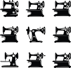 Hand Sewing Machine Silhouette | Retro Stitching and Fashion Design Vector Collection Hand Sewing Machine Silhouette | Vintage and Classic Tailoring Equipment Illustration