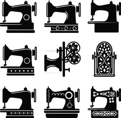 Hand Sewing Machine Silhouette | Retro Stitching and Fashion Design Vector Collection Hand Sewing Machine Silhouette | Vintage and Classic Tailoring Equipment Illustration