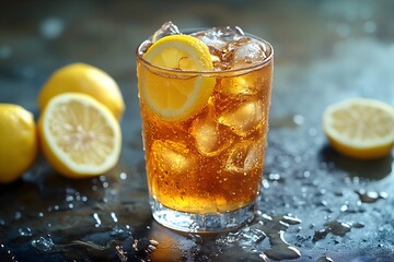 Refreshing glass of iced tea with lemon on a cool surface surrounded by fresh lemons