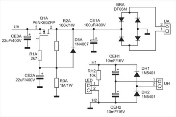 Schematic diagram of digital electronic device 
on white paper sheet. Vector drawing electrical circuit with 
connector, diode, transistor,
capacitor, resistor, gnd, other components.
