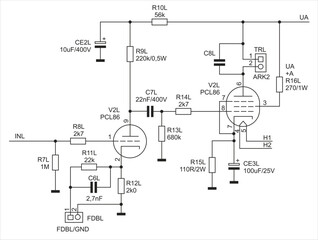 Schematic diagram of digital electronic device 
on paper sheet. Vector drawing electrical circuit with 
semiconductor lamp anode cathode, connector, 
capacitor, resistor, other components.