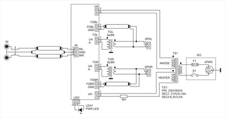 Schematic diagram of digital electronic device 
on white paper sheet. Vector drawing electrical circuit with 
connector, led indicator, transformer, button, wire, fuse,
resistor, electrical contacts.