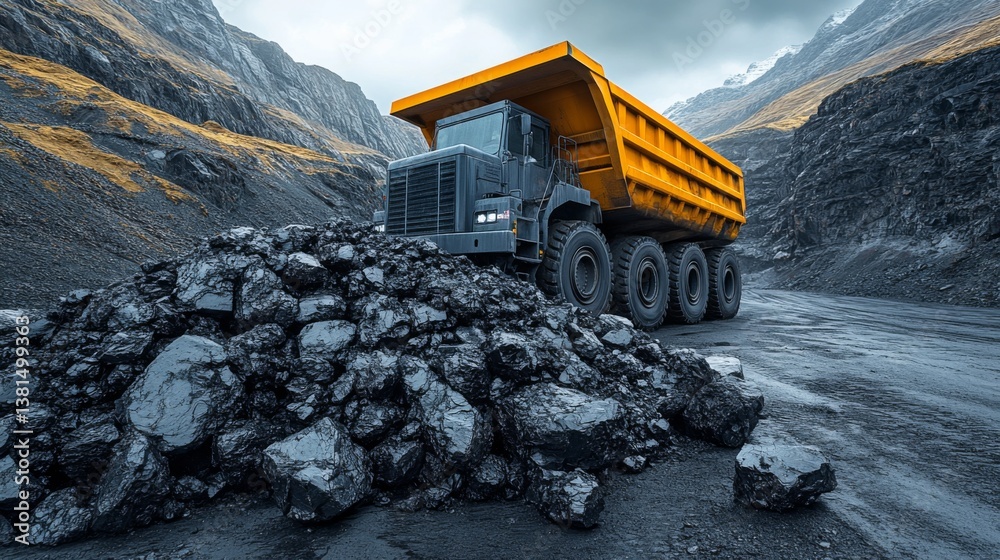 Poster a dump truck is actively engaged in transporting minerals in a rugged quarry environment. the dramat