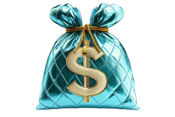 Shiny teal money bag with large dollar sign and golden drawstring in high-detail 3D rendering.