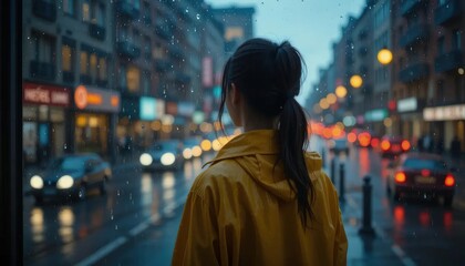 Fototapeta premium realistics Rainy weather can evoke both moments of peaceful reflection and lively movement of individuals maneuvering through damp streets