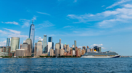 Cruise ship York. Skyline of New York Manhattan cruising on the Hudson River cruise liner. New york...