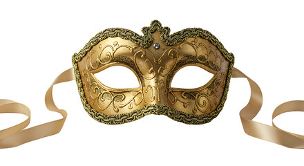 Golden ornate venetian mask with ribbons on a white background