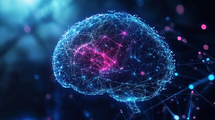 Digital representation of a brain with interconnected nodes and colorful light effects in dark space