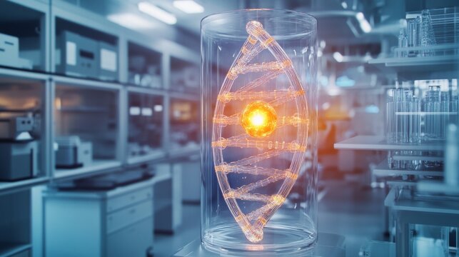 Innovative DNA model in high-tech lab environment.
