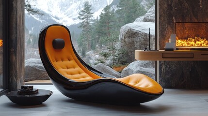 Orange chair, mountain view, modern living room, relaxation