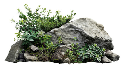 Large rocks with overgrown foliage and moss, plants and foliage around, green nature on white or transparent background png.


