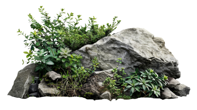 Large rocks with overgrown foliage and moss, plants and foliage around, green nature on white or transparent background png.

