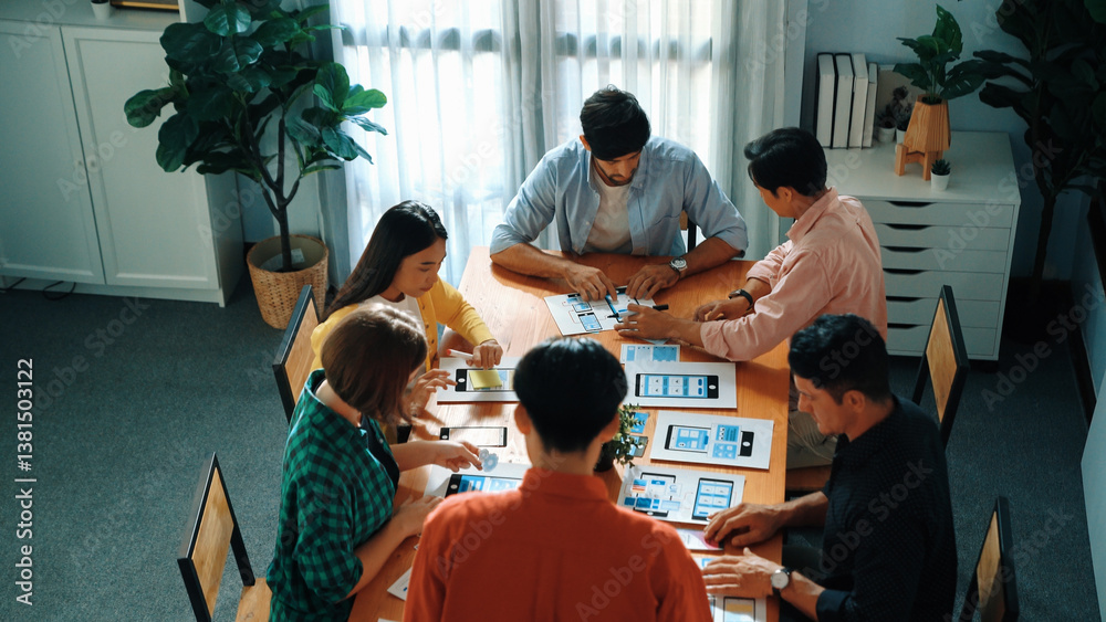 Poster top view of developer team designing ux ui design for phone interface or planning for making digital