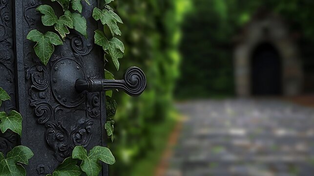 Ornate iron gate adorned with ivy leads to a mysterious stone path in a lush garden