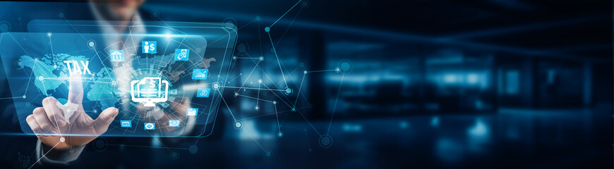 Businessman hand touching virtual graphical interface of tax governance compliance administration policy design risk management digital tools, tax efficiency, and revenue collection transparency.