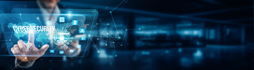 Businessman's hand is touching the virtual graphical interface of cybersecurity network security...