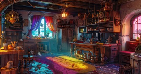 3D illustration, maximalist, magic item collection, inside the living room of a small cottage, 16th century aesthetic, old, traditional, rainbow color aesthetic