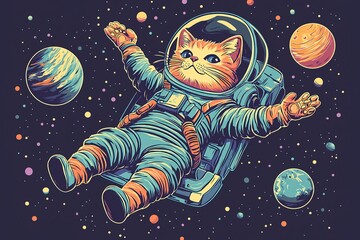 Cosmic Cat Explorer: A whimsical illustration of a feline astronaut floating serenely through the vast expanse of space, surrounded by vibrant planets and celestial wonders.
