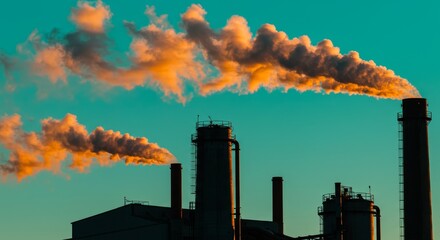 Industrial Smokestacks and Teal Sky - Industry, pollution, environment, energy