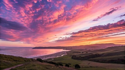 Fototapeta premium Breathtaking sunset colors paint quiet landscape coastal viewpoint nature photography evening serenity above tranquil hills
