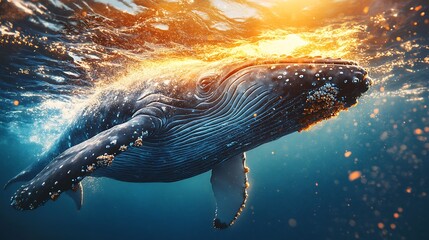 Obraz premium A majestic whale swimming underwater with the sun shining above it