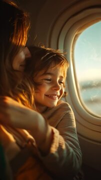 mother embracing her son, sharing maternal love and affection together during a flight, enjoying vacation and tourism