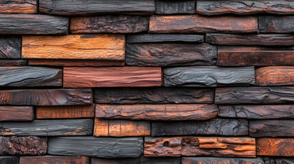Obraz premium A textured wall made of various wooden planks in rich brown and black hues, showcasing natural patterns and colors.