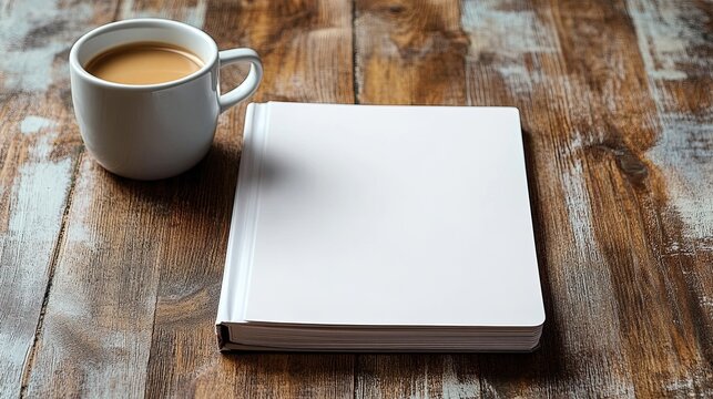 Blank notebook with a coffee mug on a rustic wooden table for a cozy, creative workspace