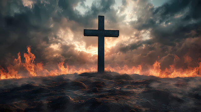 Stone cross in burning landscape amidst heavy clouds. Doomed Eternity. Illustration