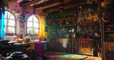 3D illustration, maximalist, magic item collection, inside the living room of a small cottage, 16th century aesthetic, old, traditional, rainbow color aesthetic