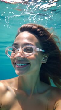 Young girl wearing snorkel goggles underwater snorkeling with colorful fish, enjoying summer vacation holiday travel