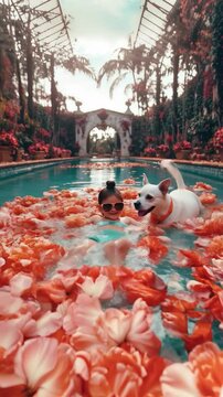 Girl in a mint-green swimsuit wearing sunglasses splashing and playing in a pool with her dog, surrounded by vintage patio decor and flowers in the water