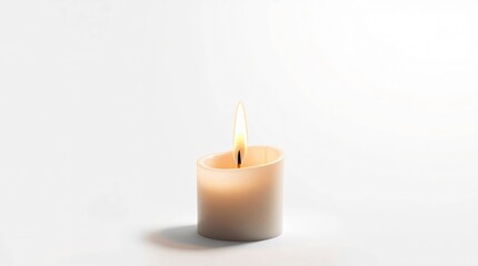 solitary white candle emitting a warm flame, positioned against a pristine white background