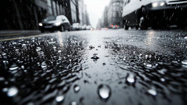 Fototapeta Rain-soaked street reflecting city life in monochromatic tones  