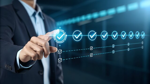 Businessman touches a digital progress checklist with check marks and an advancing loading bar, symbolizing task completion and project progress. progress bar, Management and tracking strategies