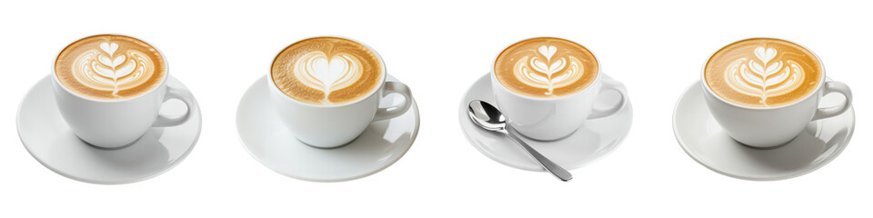 Four latte art variations in white cups and saucers.